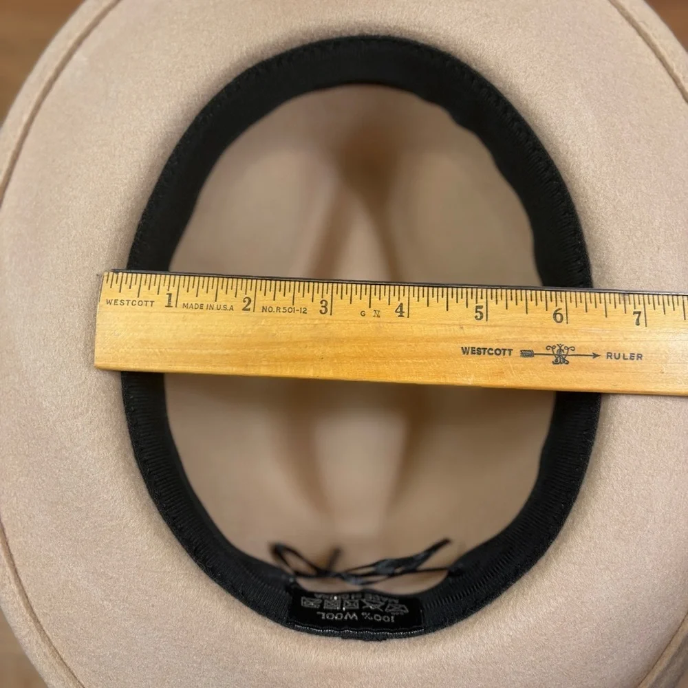 Fedora Classic Unisex Beige Adjustable Wool Hat, with Buckle Brown Trim